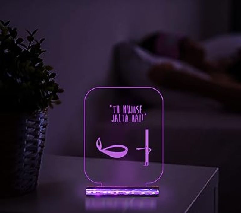 3D Illusion Funny Diya Night Lamp with Multicolored Light Tu Mujhse Jalta Hai Led Desk Table lamp for Home Decor lamp Wooden Base Lamp